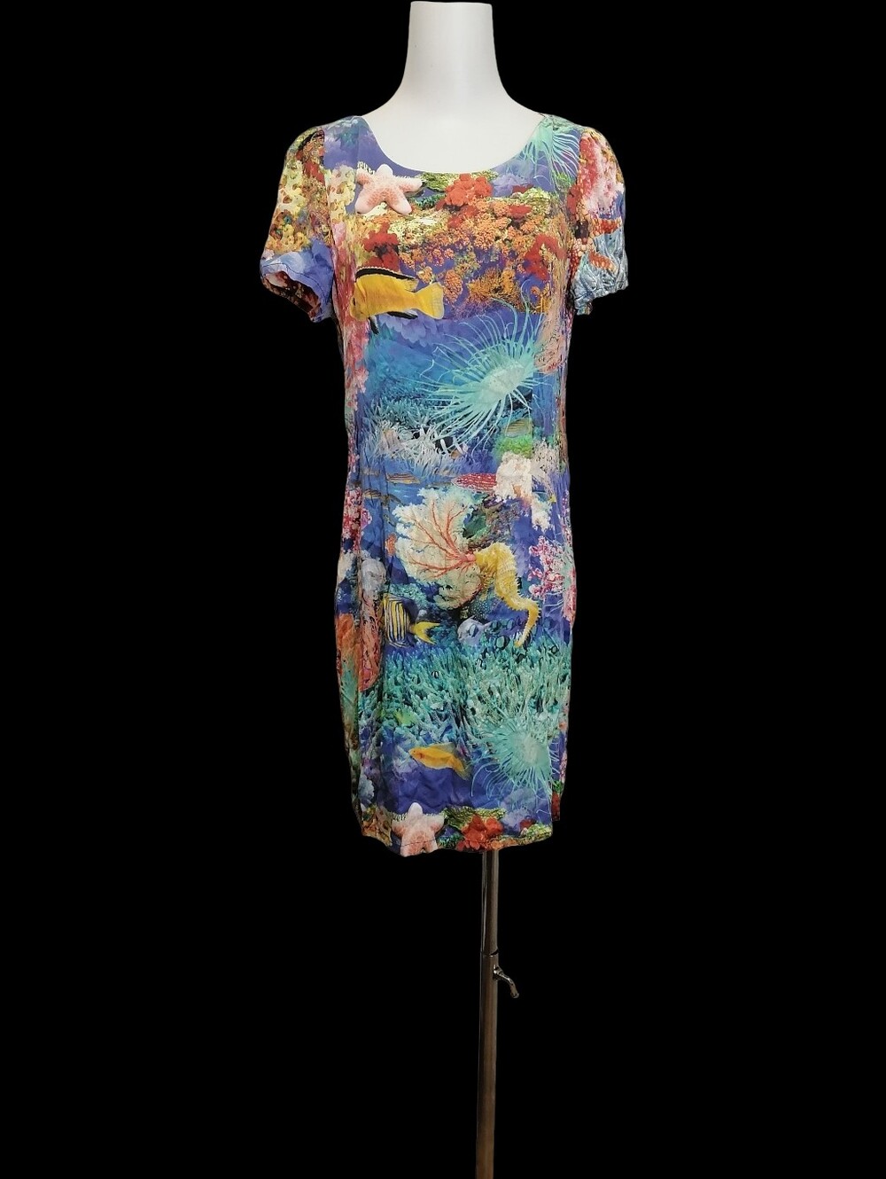 🍭🍭90% Silk, Vibrant Blue Ocean Print Short Sleeve Silk Dress